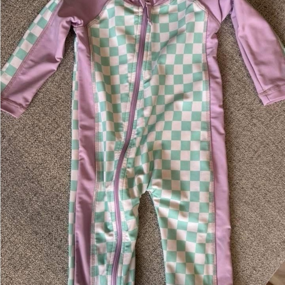 Caden Lane One-Piece Rash Guard Swimsuit - Lavender & Mint Check